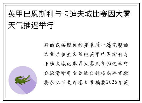 英甲巴恩斯利与卡迪夫城比赛因大雾天气推迟举行